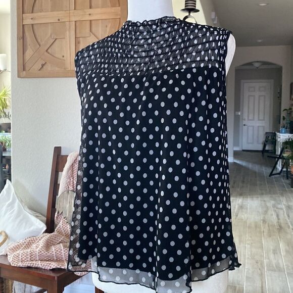 Kim & Cami Sleeveless Black Mock Ruffled Neck White Polka Dots Sheer S - Picture 4 of 12